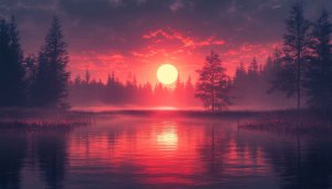 Aesthetic Sunset Wallpaper: Nature, Lake, Forest, Red Sky, 4k