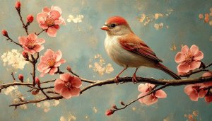 Bird and Blossom Wallpaper: Springtime Art Desktop Background