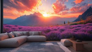 Lavender Field Wallpaper, Sunset Mountain Scenery, Living Room Decor