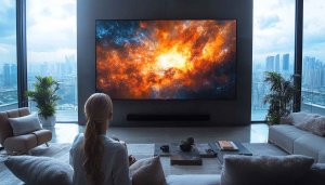 Galaxy Wallpaper on TV Screen in Modern Living Room