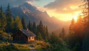Cabin Wallpaper: Mountain Scenery, Forest Landscape, Sunrise View 4K