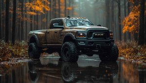 Ram Truck Wallpaper: Muddy Forest, Autumn Leaves, 4K, UHD