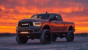 Ram Truck Wallpaper: Custom Pickup, Sunset Backdrop, Automotive, Vehicle Theme