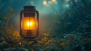 Lantern Wallpaper: Antique Lamp, Forest Background, Dark Green Scenery