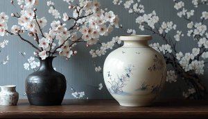 Floral Vase Wallpaper, Ceramic Vases and Cherry Blossom Art