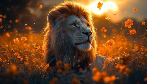 Majestic Lion Wallpaper: King of Beasts in Golden Flower Field