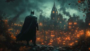 Batman Halloween Wallpaper 4K, Dark Knight Pumpkin City Background