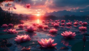 Lotus Flower Wallpaper: Sunset Reflection, Pink Blooms, Lake Scenery Art