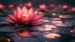 Pink Lotus Wallpaper: Raindrops, Water Lilies, Serene Nature Scenery