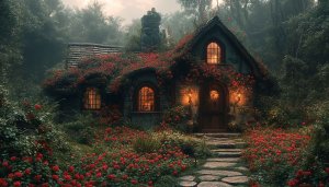 Cottagecore Wallpaper: Fairy House with Roses, Desktop & Mobile Background