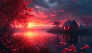 Red Sky Landscape Wallpaper, Cottage, Lake, Desktop Background