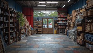 Warehouse Interior Wallpaper: Bookshelves, Doors, and Rustic Tile Floor
