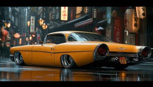 Yellow Classic Car Wallpaper: Rainy City Night 4K HD