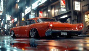 Classic Car Wallpaper: Orange Ford on Rainy City Street