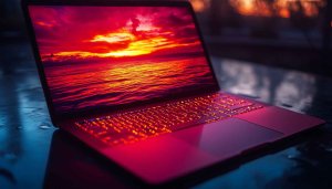 Sunset Laptop Wallpaper: Ocean View, Red Sky, Desktop Backgrounds 4K