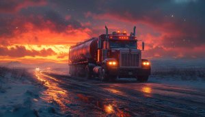 Truck Wallpaper: Semi Truck Sunset, Winter Road, 4k Wallpaper