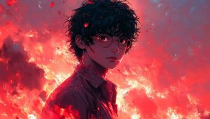 Anime Wallpaper: Boy with Glasses, Red Sky - Desktop Background