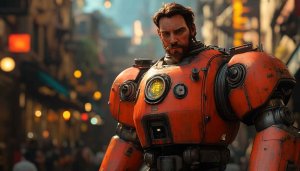 Red Robot Wallpaper: Man in Mech Suit - Sci-Fi Concept