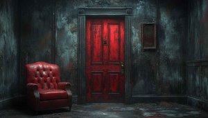 Spooky Room Wallpaper: Red Door, Chair - Gothic Aesthetic