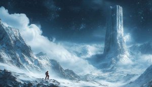 Fantasy Mountain Wallpaper: Snowy Peaks, Traveler, Starry Night Scape