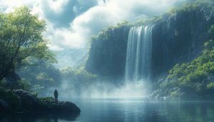 Waterfall Wallpaper: Serene Lake, Mountains & Cloudy Sky HD