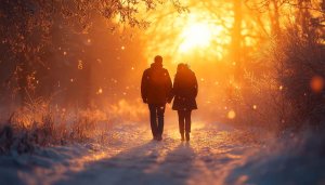 Couple Winter Sunset Wallpaper, Romantic Love Landscape Wallpaper 4K