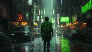 The Matrix Wallpaper: Neo in Rainy City, 4k Wallpaper
