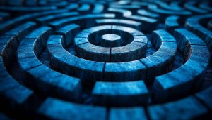Abstract Maze Wallpaper, Circular Labyrinth Design, Blue Stone Texture