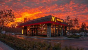 McDonalds Wallpaper: Fiery Sunset Sky over Fast Food Restaurant HD