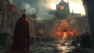 Dark Fantasy Wallpaper: Red Cloak, Medieval Castle, 4k PC Background