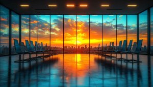 Skyline Wallpaper: Cityscape Sunset View from Office Room
