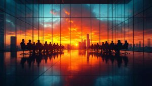 Office Meeting Sunset Wallpaper, Cityscape View Background for Desktop