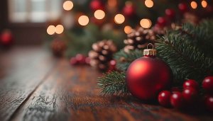 Christmas Wallpaper: Festive Red Ornament, Evergreen, Lights for Desktop