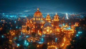 Night City Wallpaper: Cathedral Illuminated Cityscape for Desktop and Mobile