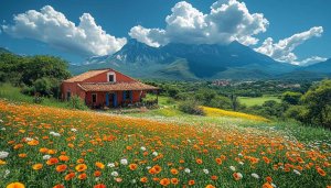Orange Flower Field Wallpaper, Cottage and Mountain Scenery Wallpaper