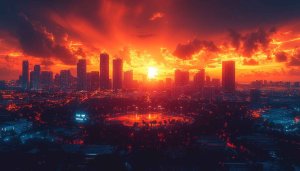 Cityscape Wallpaper: Dramatic Sunset over Urban Skyline, 4k Wallpaper