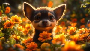 Cute Dog Wallpaper: Chihuahua Puppy and Orange Flowers Art