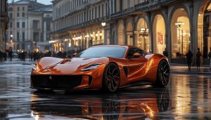 Ferrari Car Wallpaper: Orange Sports Car in Rainy Cityscape, 4K