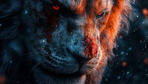 Lion Wallpaper: Fierce Animal, Predator, Red Eyes, Dark Theme