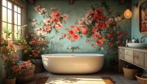 Floral Bathroom Wallpaper, Flower Wall Mural, Botanical Wall Decor