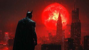 The Batman Movie Wallpaper: Gotham Cityscape, Red Moon, Rain 4K
