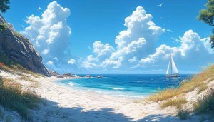Scenic Beach and Sailboat Wallpaper, Ocean View Wallpaper, 4k Wallpaper