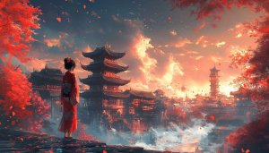 Japanese Anime Girl Wallpaper, Traditional Town Scenery, Aesthetic 4K Wallpaper