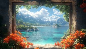 Tropical Island Window View Wallpaper, Ocean Landscape, 4K Scenery