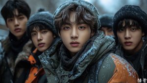 Kpop Group Wallpaper: Winter Scene with Idol Faces 4K