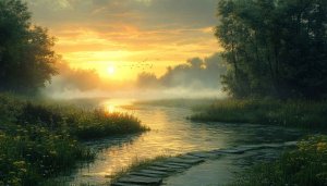 Scenic River Landscape Wallpaper, Nature Wallpaper, Sunrise Wallpaper, Aesthetic Wallpaper