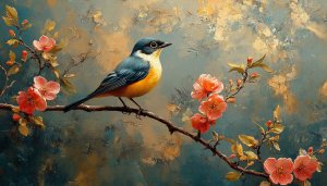 Artistic Bird Wallpaper with Blossoms - Nature Painting 4K