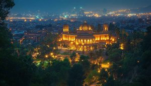Barcelona Cityscape Wallpaper: Montjuïc Building at Night - HD