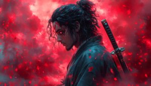 Samurai Wallpaper: Warrior with Katana and Red Smoke Background