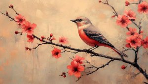 Bird and Cherry Blossom Painting Wallpaper for Desktop and Laptop